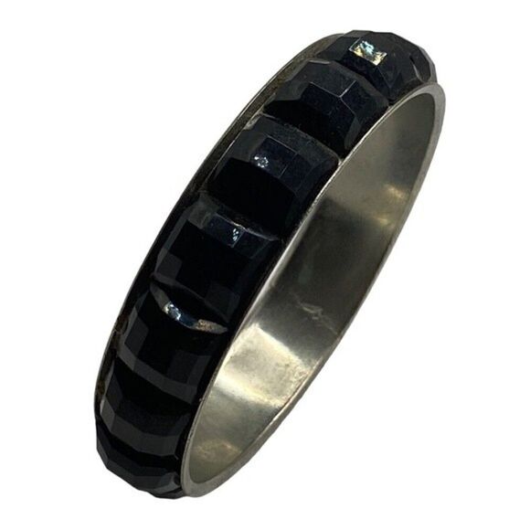 None Jewelry - Vintage Black Glass and Silver Bangle Bracelet